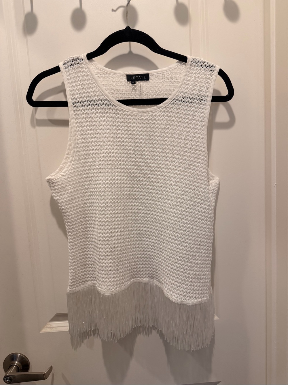 1. State White Sleeveless Fringe Knit Tank
